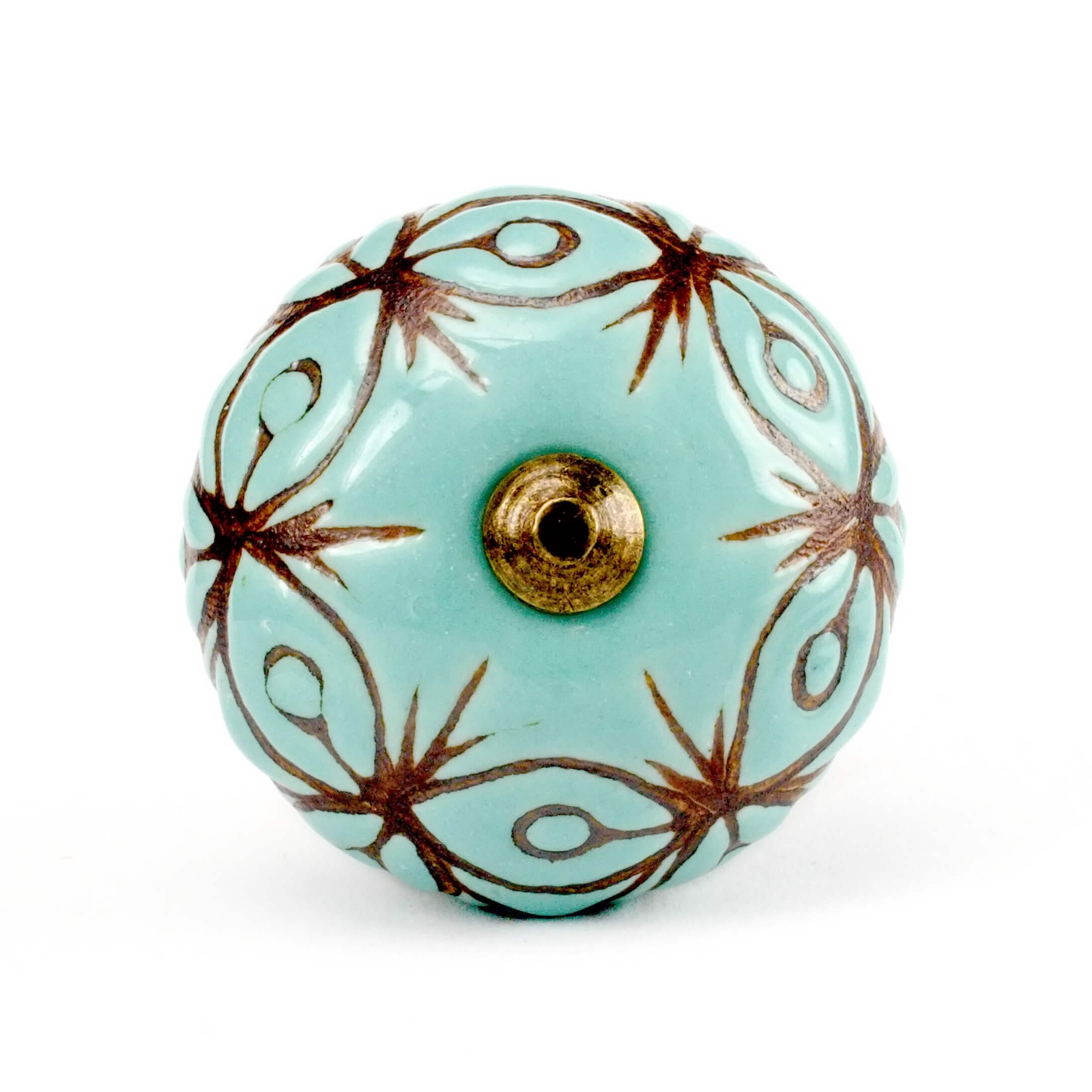Großer Möbelknopf in türkis mit braunen Ornamenten